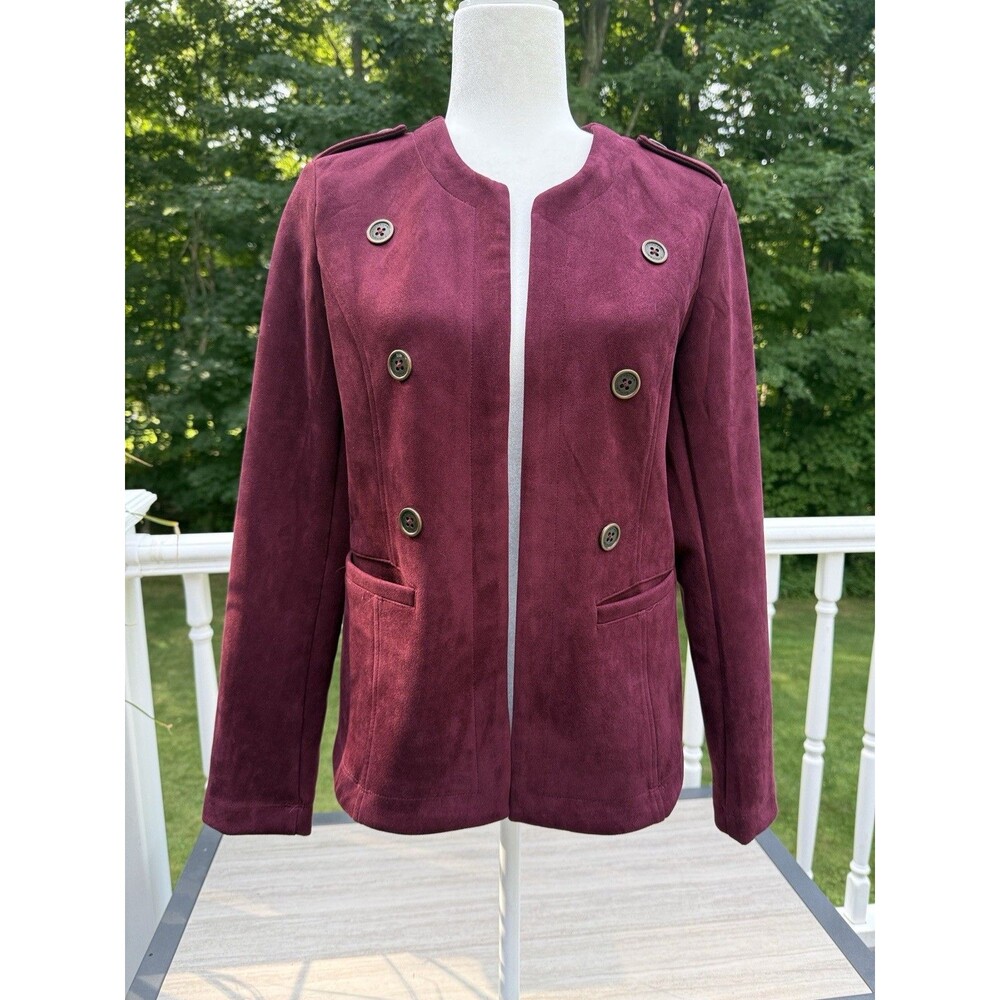 Vintage Vegan Suede Military Style Double Breasted Women’s Burgundy Jacket 10